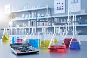 laboratoire-chimie-flacons-liquides-calculatrice