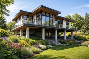 maison-moderne-verdure-fleurs-ciel