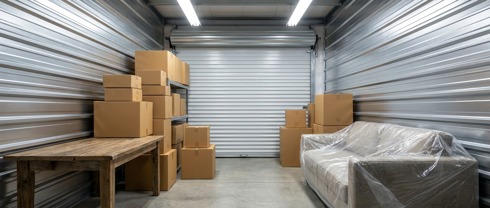 cartons et meubles stockés dans un box de self-stockage pendant des travaux d'appartement