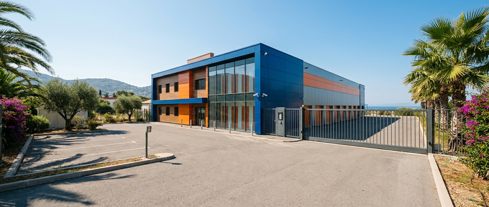 entrée d'un centre de self-stockage GoBox à Nice avec parking et accès sécurisé